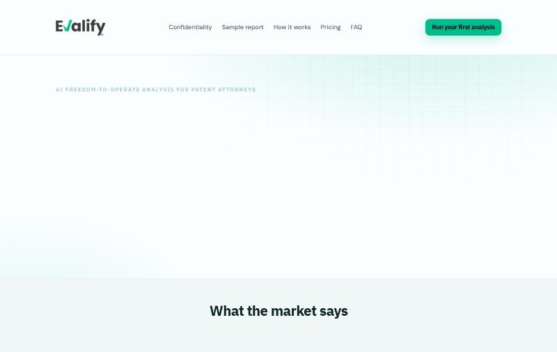Evalify website — AI freedom-to-operate for patent attorneys